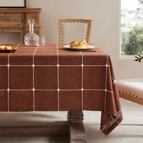 Miniatura 109 de ZeeMart - Mantel de mesa con diseño de cuadrícula boho y borlas (blanco roto, 132 cm x 132 cm), mantel de gran peso de lino a cuadros bordado