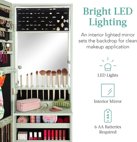 Miniatura 3 de Best Choice Products Armario de joyería con espejo LED, organizador de joyas con cerradura para pared o puerta con espejo, 2 cajones, cerradura