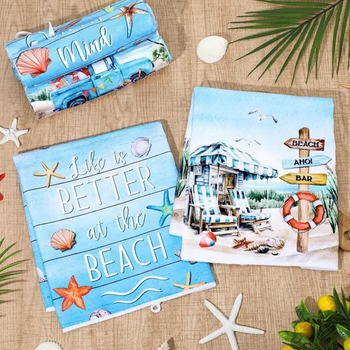 Miniatura 7 de Tudomro 6 Piezas Toallas de Cocina de Playa de Verano Toallas de Cocina de Camión de Playa Toallas de Cocina de Concha Toallas de Cocina Absorbentes