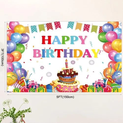 Miniatura 2 de Cartel de feliz cumpleaños, telón de fondo de globos coloridos para fiestas de niños, pasteles de colores grandes, fotografía, telón de fondo