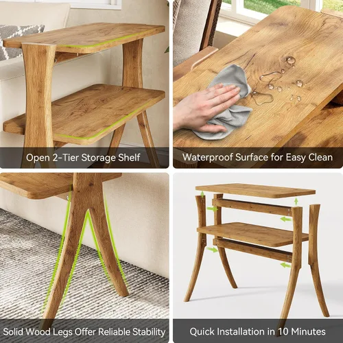 Miniatura 7 de LITTLE TREE Mesa auxiliar estrecha, mesa de centro de 2 niveles estilo granja con patas de madera maciza, mesa auxiliar pequeña, ahorradora