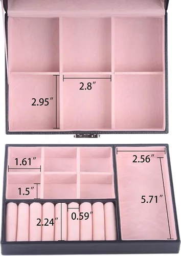 Miniatura 5 de Kendal 2 bandejas de cuero negro viaje joyero caja organizador de almacenamiento con cerradura LJT004BK