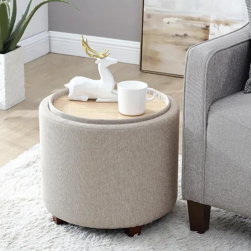 Miniatura 8 de Ornavo Home Lawrence Otomana Redonda de Almacenamiento con Tapa Desmontable y Mesa de Café con Bandeja, Otomana con Almacenamiento para Sala