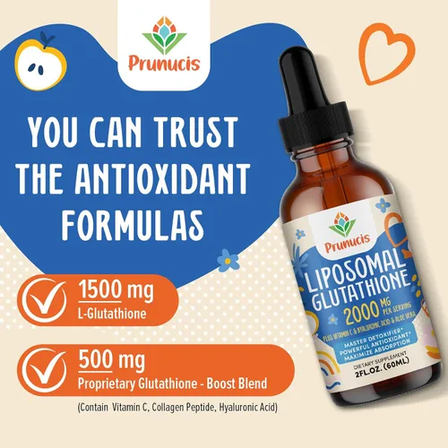Miniatura 5 de Prunucis Líquido de glutatión liposomal de 2000 MG, 98% de absorción, suplemento activo de L-glutatión, apto para veganos, potente complejo