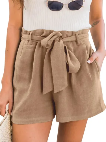 Miniatura 2 de NIMIN Pantalones cortos de lino de cintura alta para mujer, ligeros, para verano, playa, bolsa de papel, pantalones cortos con bolsillos 2023