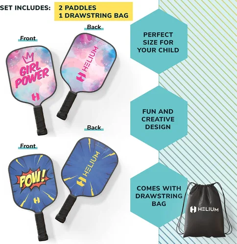 Miniatura 3 de Helium Paleta de pickleball para niños, (2 unidades, POW! y Girl Power), tamaño infantil, núcleo de panal ligero, cara de golpe de grafito, agarre