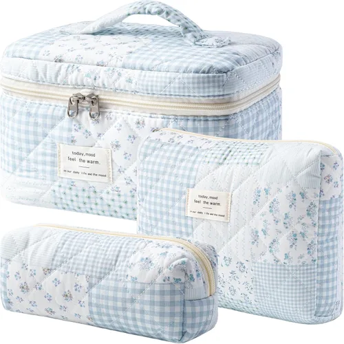 Miniatura 28 de HBselect Bolsa de maquillaje acolchada, 3 piezas de algodón grande, bolsa de maquillaje de viaje, bonita bolsa de maquillaje floral de coqueta