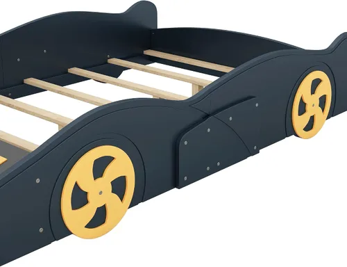 Miniatura 9 de CITYLIGHT Camas de automóvil de tamaño matrimonial para niños, marco de cama matrimonial en forma de auto de carreras con ruedas y almacenamiento