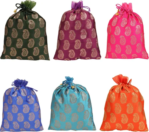 Miniatura 21 de Touchstone Bolsas con cordón de tela tradicional india, hechas a mano, perfectas para regalos, joyas, bodas, bolsas, bolsas, Potli, -Mimosa
