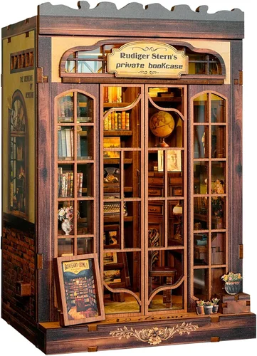 Miniatura 9 de Rincón de libros, kit de casa en miniatura, rompecabezas 3D de madera, luces LED, manualidades de decoración para adultos y adolescentes