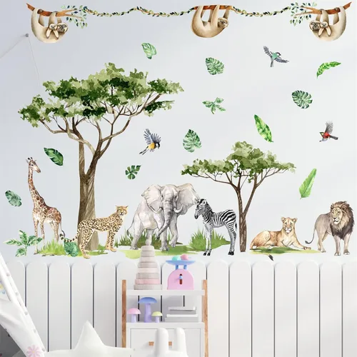 Miniatura 11 de Calcomanías de pared grandes de dinosaurio para despegar y pegar, calcomanías de pared de huellas de dinosaurio, hojas tropicales, palmeras