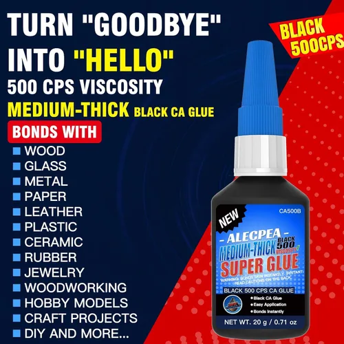 Miniatura 4 de 20g de pegamento CA negro medio-espeso (500 CPS), pegamento super de cianoacrilato premium para madera, vidrio, metal, papel, cuero, plástico