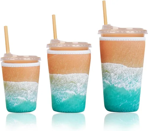Miniatura 35 de Funda aislante reutilizable para taza de café helado, paquete de 3 fundas de neopreno para bebidas frías y calientes, soporte para bebidas para café