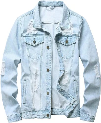 LAMKUKU Chaqueta de mezclilla para hombre rasgada ajustada, abrigo de chaqueta vaquera para hombres