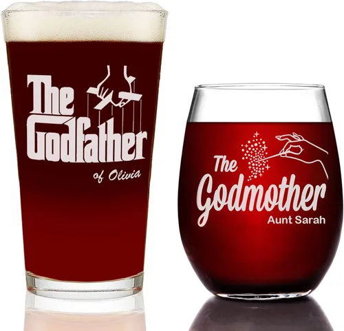 The Godfather Pint & Godmother - Juego de copas grabadas para vino sin tallo con tu texto personalizado, cristalería hecha a mano, regalo