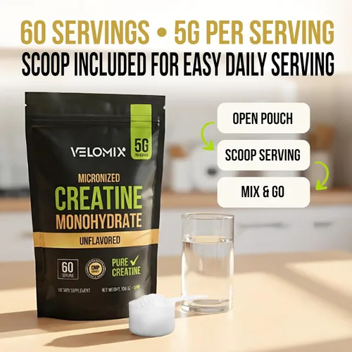 Miniatura 8 de VELOMIX Polvo de monohidrato de creatina micronizada – Polvo de creatina 100% puro sin sabor y fácil de mezclar Apoya el crecimiento muscular
