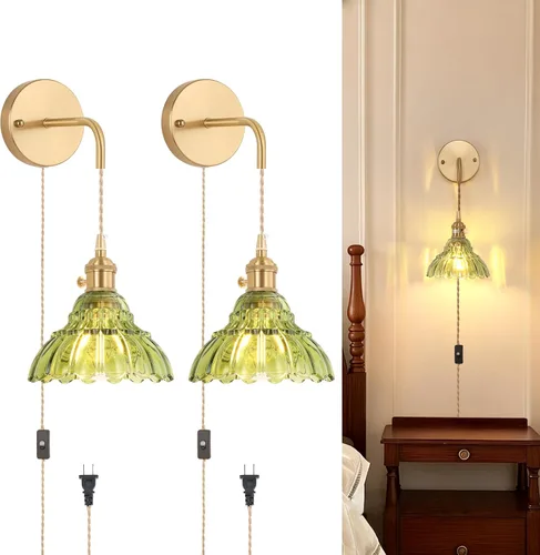 Miniatura 31 de Shenmoyl Aplique de Pared Vintage con Pantalla de Cristal con Patrón de Lirio de los Valles Verde, Cadena Ajustable, Luz de Pared Montada Retro