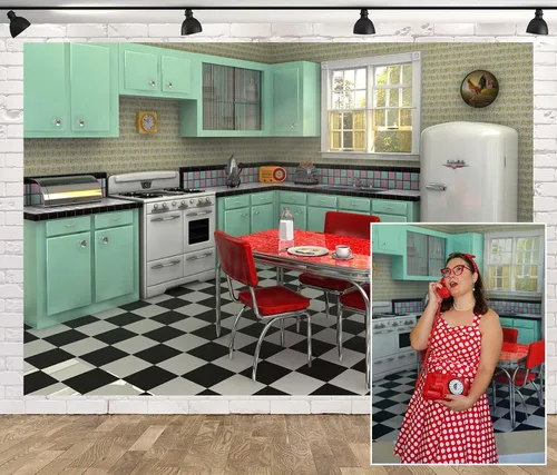 Miniatura 8 de Telón de fondo retro de tela de 5 x 3 pies para fotografía interior, cocina, comedor, escena, fondo de los años 50, decoración de cumpleaños
