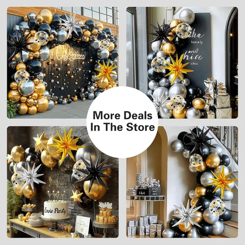 Miniatura 2 de Kit de guirnalda de arco de 137 piezas de globos negros, dorados y plateados con estrellas - 5, 10, 12, 18 pulgadas globos de látex negros, dorados