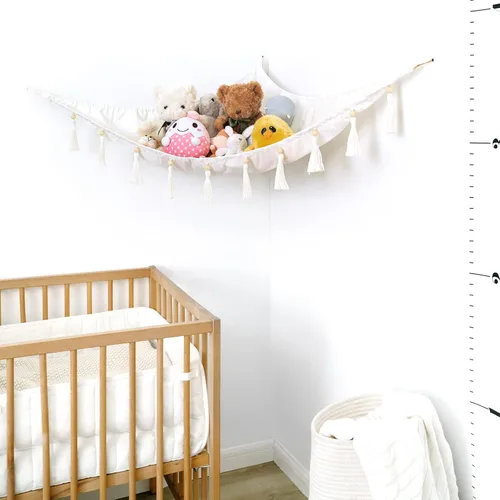 Miniatura 3 de Mkono Hamaca de animales de peluche, organizador de juguetes colgante de esquina con borlas, juguetes de peluche, soporte de red para guardería