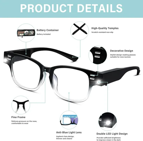Miniatura 7 de Lupas con Luz Gafas de Lectura Lectores LED Brillantes con Luces Incorporadas Gafas con Luces y Lupa para Hombres Mujeres Gafas Lupa Iluminada Gafas