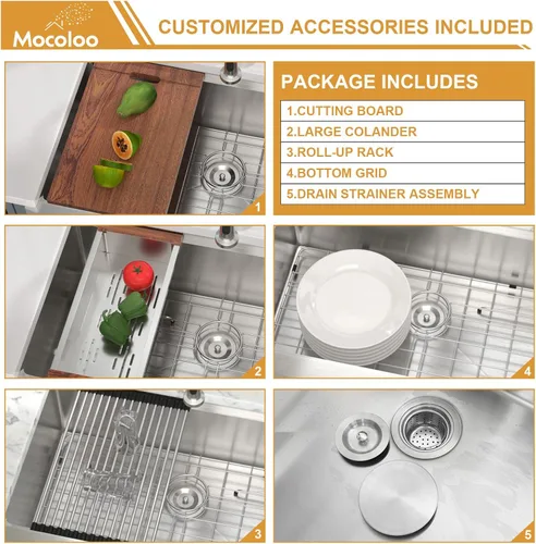 Miniatura 9 de Mocoloo Fregadero de granja de 30 pulgadas - Fregadero de cocina de acero inoxidable de 30 x 56 cm bajo montaje con estación de trabajo, repisa