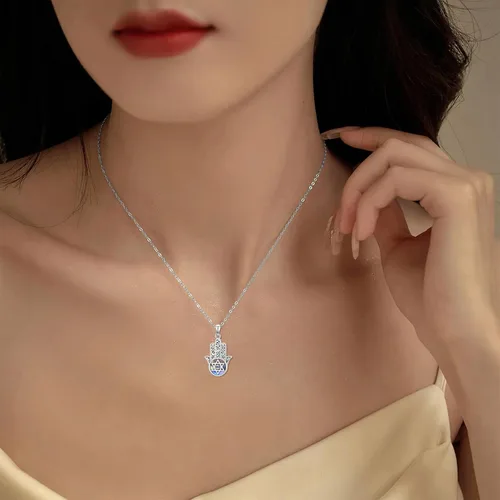 Miniatura 32 de PROESS Collar de plata de ley Hamsa Fátima collar de elefante, colgante de ojo azul, joyería para hombres, mujeres, niñas y niños