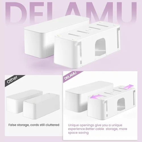 Miniatura 6 de Delamu Paquete de 2 cajas de gestión de cables, elegante caja de cables con organizador de cables para escritorio, caja ocultadora de tira de Blanco