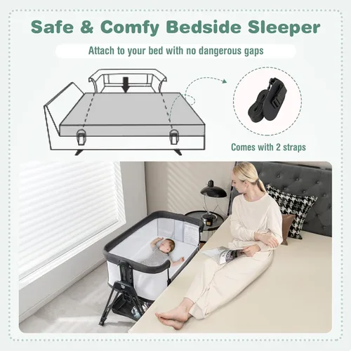 Miniatura 6 de BABY JOY Moisés para dormir junto a la cama, cuna plegable fácil con malla en todos los lados, estante de almacenamiento, 7 alturas ajustables, Negro