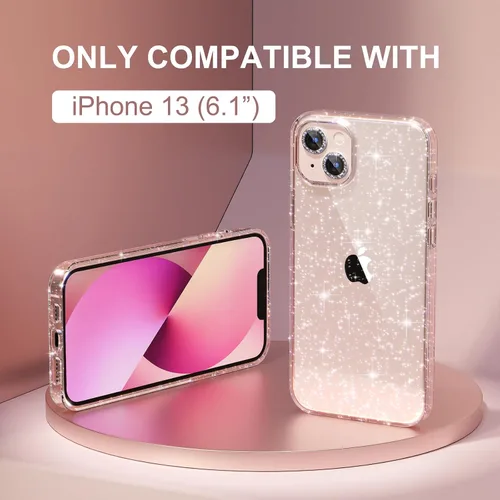 Miniatura 2 de Choiche Compatible con iPhone 13, funda para mujer con purpurina brillante, 2 protectores de lente de cámara con diamantes, funda protectora a