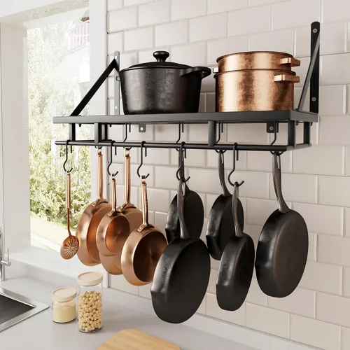 KES Estante para ollas de cocina de 24 pulgadas montado en la pared, organizador de almacenamiento con ganchos, estante de pared en mate negro,