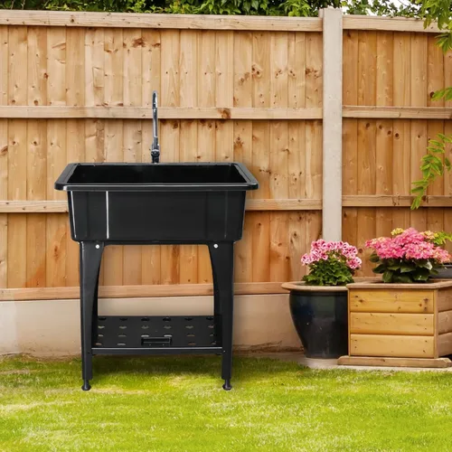 Miniatura 8 de ROVSUN Fregadero utilitario de plástico negro de 20 galones con grifo de agua caliente y fría, capacidad de carga de 150 libras, altura y versión