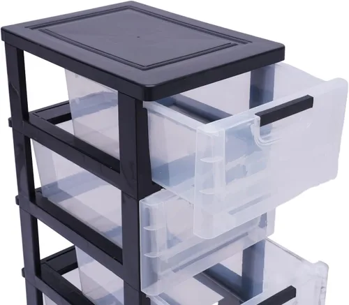 Miniatura 7 de Cómoda de plástico para dormitorio, organizador de 5 cajones, armario de almacenamiento vertical moderno para ropa, torre de almacenamiento alta