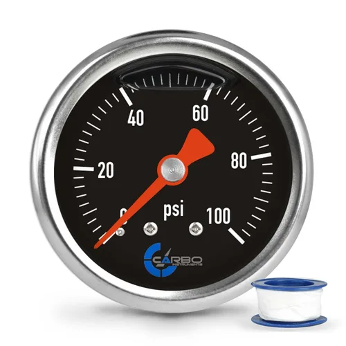 Miniatura 11 de Medidor de presión de combustible de 1-1/2", carcasa de acero inoxidable 304, conexión de latón cromado, relleno de glicerina, 0-15 psi, precisión