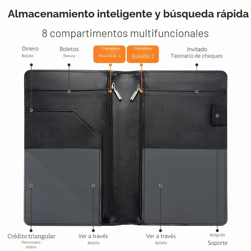 Miniatura 3 de Libreta de servidores con 2 bolsillos con cremallera, libros de cuero para camarera, libro de camarera, libro de camarera resistente con bolsillo