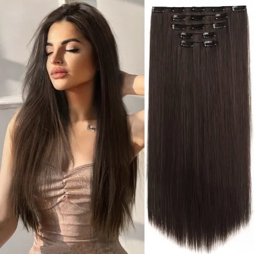 Miniatura 22 de Extensiones de cabello sintético con clip, color burdeos de 18 pulgadas de largo, invisibles, gruesas, extensiones de cabello lacio con clips, 5