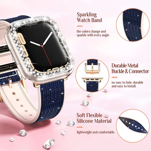 Miniatura 5 de Goton Bling - Correa de silicona brillante compatible con Apple Watch de 1.772 pulgadas (45mm) con protector de borde [sin vidrio], correa que