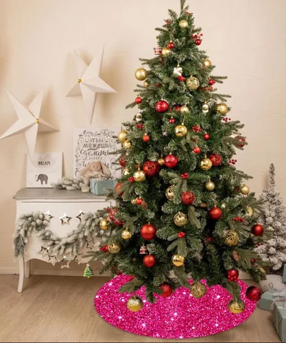 Miniatura 5 de Falda de árbol de lentejuelas rosa intenso brillante Falda de árbol de Navidad de 21 pulgadas con lentejuelas bordadas y brillantes, tela