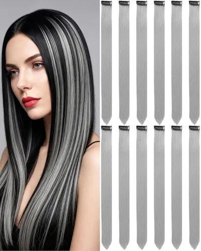 Miniatura 16 de 12 extensiones de cabello negro con clip, extensiones de cabello de color de 22 pulgadas, extensiones de cabello sintético largo y lacio para mujer