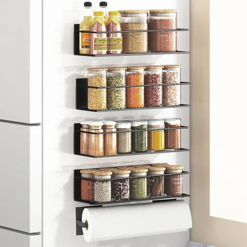 Miniatura 16 de Estante magnético para especias para refrigerador, estante magnético de ahorro de espacio para nevera negro, paquete de 2 con soporte magnético