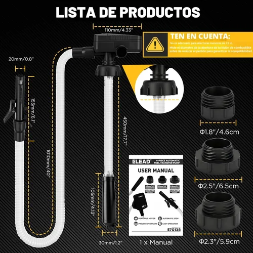Bomba de transferencia de combustible alimentada por batería, 3.2 GPM sin derrames, bomba de sifón portátil de gasolina con 3 adaptadores, manguera