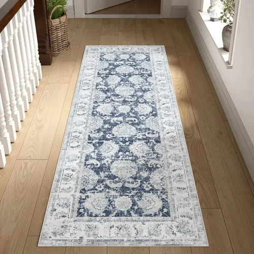 Miniatura 56 de Jinchan Fiora - Alfombra redonda de 8 pies, alfombras vintage con diseño floral envejecido, lavable a máquina, antideslizante, de pelo bajo, Azul