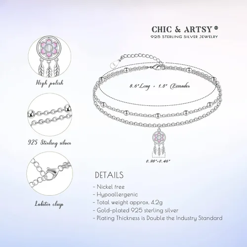 Miniatura 49 de CHIC & ARTSY Tobilleras delicadas de plata de ley S925 para verano, pulsera de tobillo ajustable multicapa para playa, joyería de pie para mujer