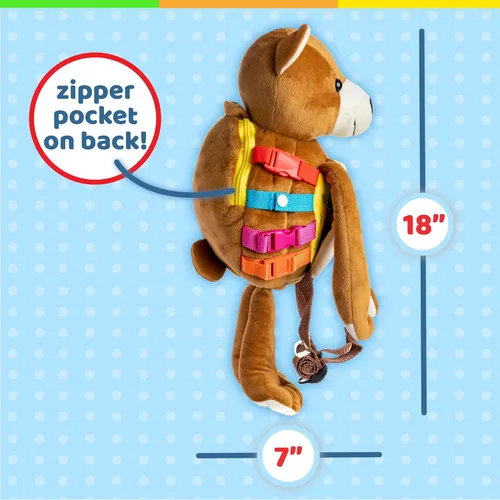 Miniatura 8 de Buckle Toys Billy Bear - Mochila Montessori para niños pequeños con hebillas y actividades de aprendizaje, animal de peluche para habilidades
