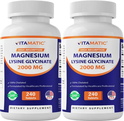 Vitamatic Magnesio como lisinato de glicinato - 100% magnesio quelatado - 240 tabletas - Apoya la relajación muscular, corazón y salud nerviosa* -