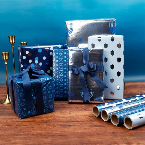 Miniatura 4 de The Dreidel Company Paquete de 4 Papel de Regalo con Diseño Temático de Hanukkah, Rollo de Chanukah de 17.5" X 180" (15 Pies) Pulgadas Hoja Papel