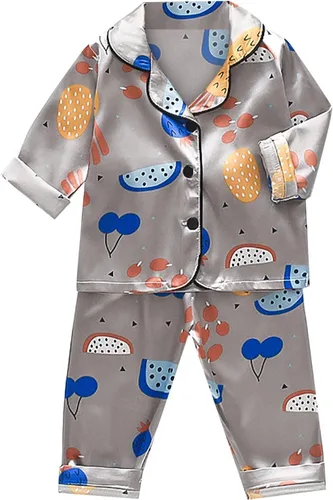 TBUIALL Toddler Kids Baby Boys Girls Satin Cartoon Button Down Shirt Tops + Long Pants Silk Pajamas Sleepwear Large