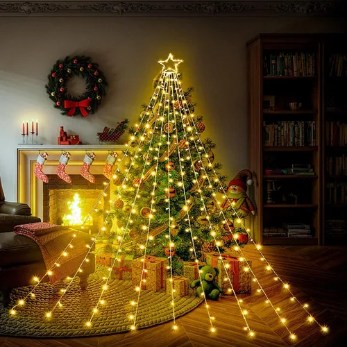 Miniatura 2 de Luces de Cadena de Estrella de Navidad, 320 Luces LED de Cascada para Árbol con Estrella Superior de 13", 8 Modos de Iluminación para Interiores