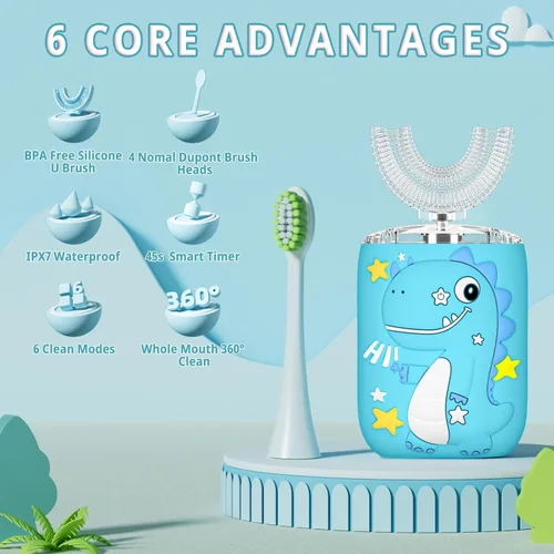 Miniatura 2 de Cepillo de dientes eléctrico en forma de U para niños, dinosaurio sónico, de boca completa, con 4 cabezales de cepillo suave, automático, 6 modos