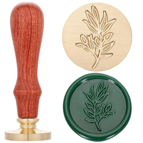 Yoption Sello de cera de rama de olivo, cabeza de latón vintage, sello de cera de sellado de empuñadura de madera para boda, Navidad, fiesta,
